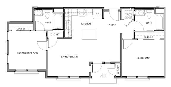 A floor plan of a house with a master bedroom, two bathrooms, a kitchen, a living room, a dining room, a deck, and two bedrooms.