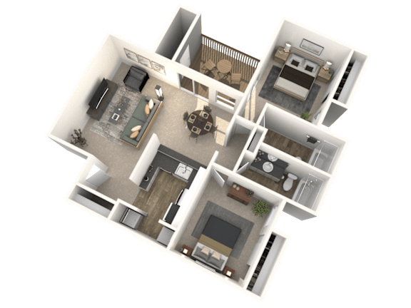A 3D floor plan of a house with multiple rooms and furniture.