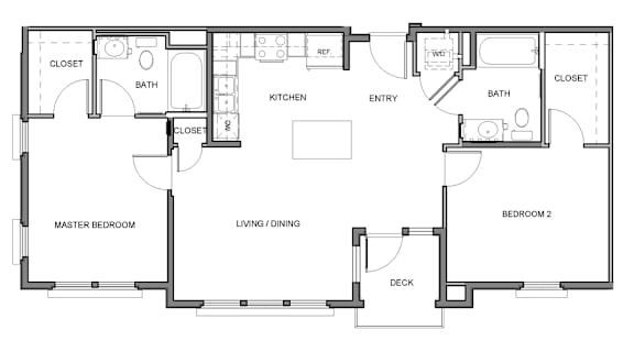 A floor plan of a house with two bedrooms, a living area, a kitchen, a bathroom, and a deck.