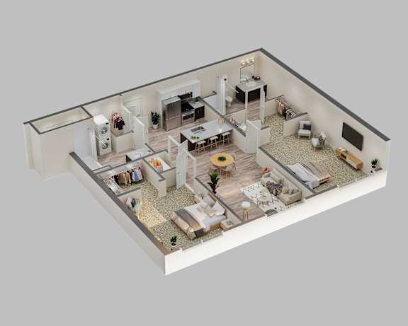 A 3D rendered image of a modern house interior.