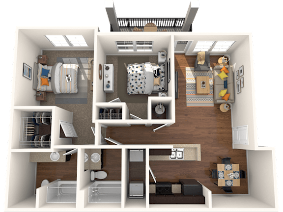 A 3D floor plan of a small apartment with a kitchen, living room, and bathroom.