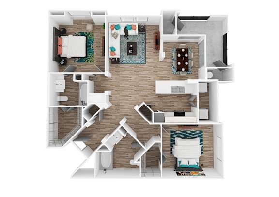 A top-down view of a house interior with a kitchen, living room, and bedrooms.