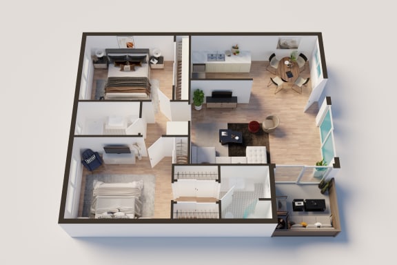 a floor plan of a two bedroom apartment with a living room and dining room at Pacific Rose, Los Angeles