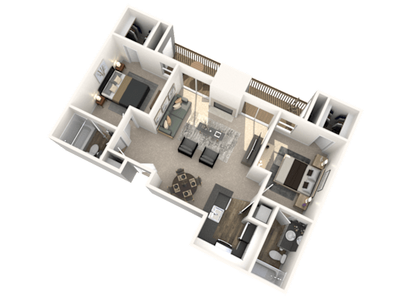 Floor Plan  A 3D floor plan of a house with multiple rooms and furniture.