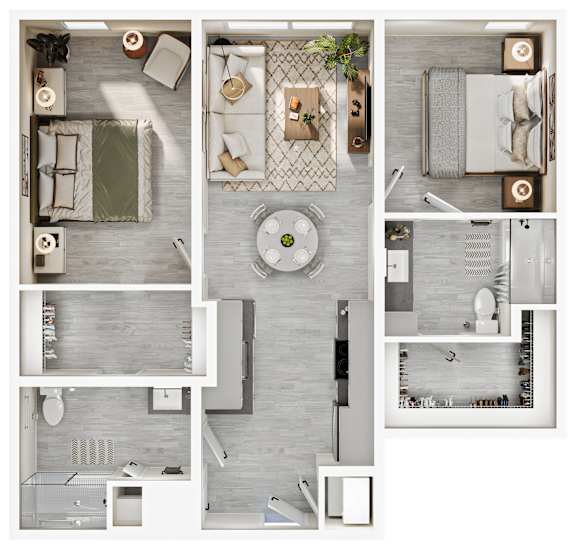 Floor Plan  A series of images showing different layouts of a modern, minimalist bedroom and bathroom.