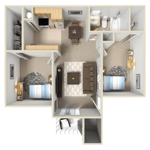 A 3D floor plan of a small apartment with a bedroom, living room, and kitchen.
