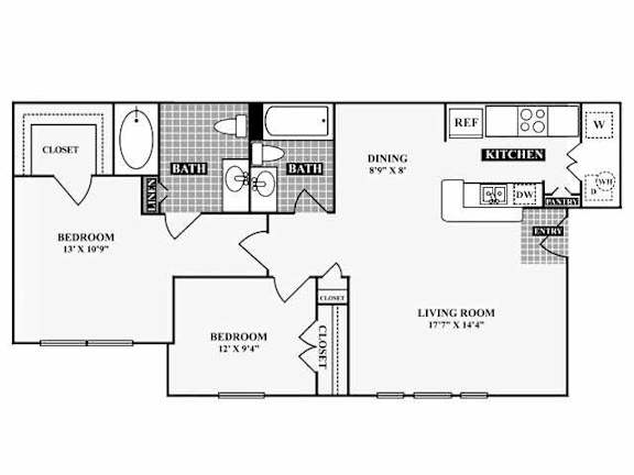 Floor Plan  A floor plan of a house with a living room, dining room, kitchen, two bathrooms, and three bedrooms.