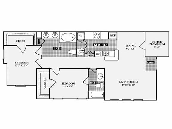Floor Plan  A floor plan of a house with a living room, dining room, kitchen, two bedrooms, a bathroom, and a closet.
