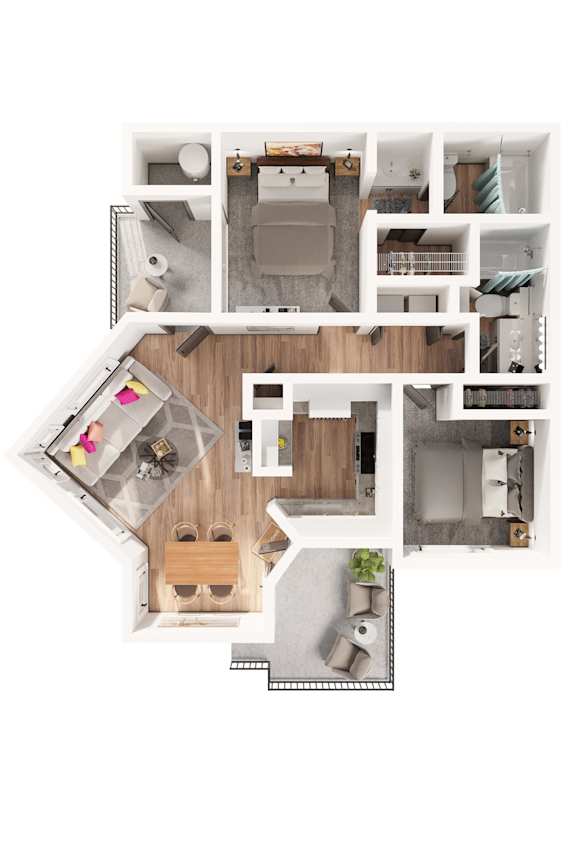 A top-down view of a house layout with a kitchen, living room, and bedrooms.