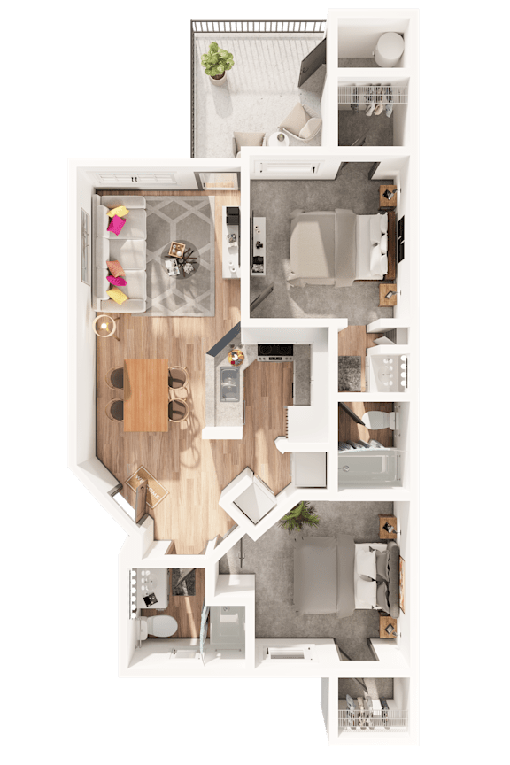 A top-down view of a house layout with a kitchen, living room, and bathroom.