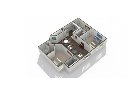 A 3D rendered image of a house layout.