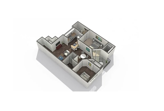 A 3D rendered image of a house layout.