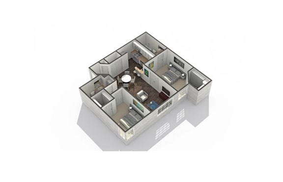 A 3D image of a small house with a kitchen and living room.