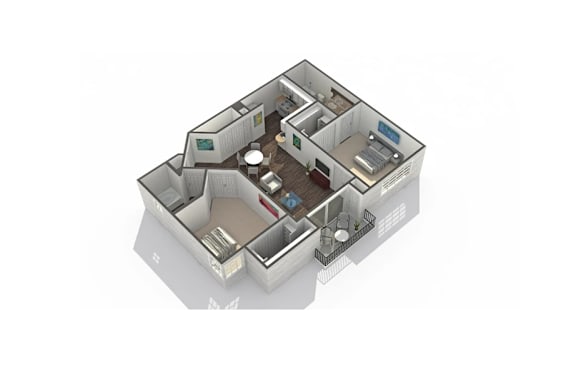 A 3D rendered image of a house layout.