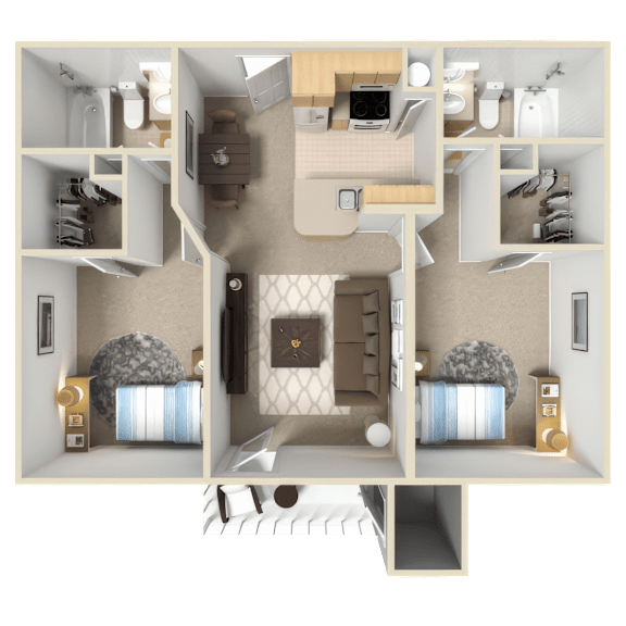 A 3D floor plan of a house showing a living room, kitchen, and two bedrooms.