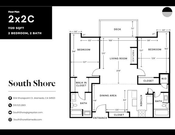 A black and white floor plan for a 2x2C South Shore property.