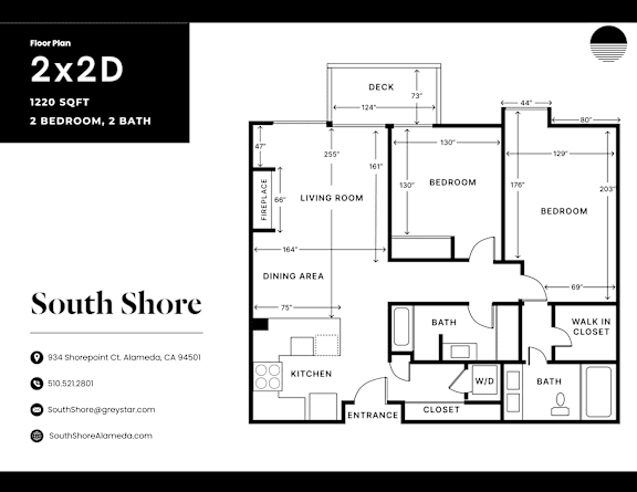 A floor plan for a 2x2D layout with a living room, two bedrooms, a dining area, kitchen, bathrooms, and closets.