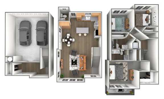 Floor Plan  A set of three images showing different layouts of a car, a living room, and a kitchen.