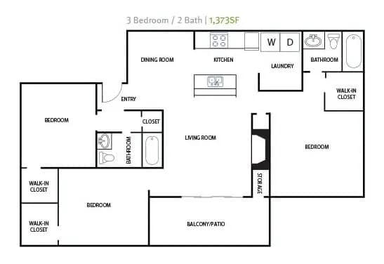 A floor plan of a 3 bedroom/2 bath home with a laundry room.