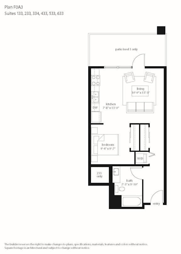 A floor plan for a suite with a living room, kitchen, and bathroom.