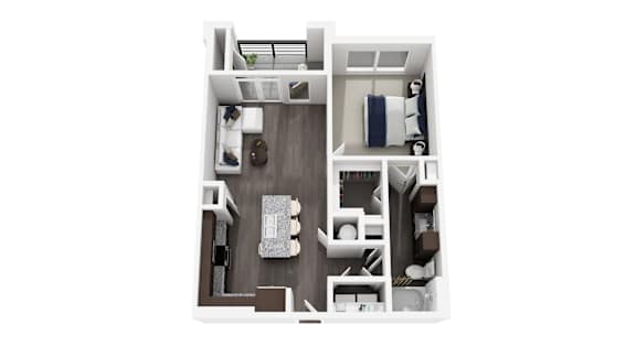 A top-down view of a small apartment with a kitchen, living room, and bedroom.