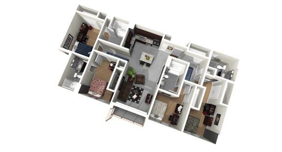 3d floor plan of a house with a bedroom and a living room