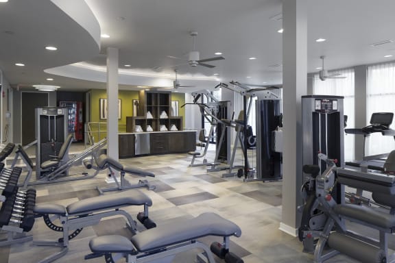 a gym with weights and cardio equipment in a luxury apartment