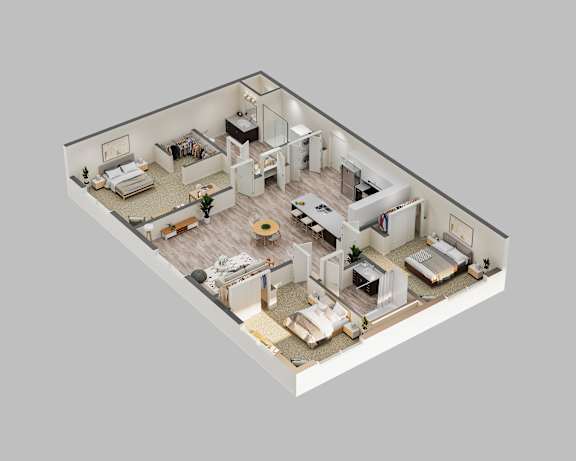 A 3D rendered image of a house layout.
