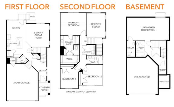 A diagram shows the layout of the first, second, and basement floors of a house.