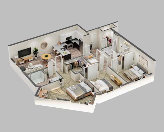 A 3D rendered image of a modern house interior.