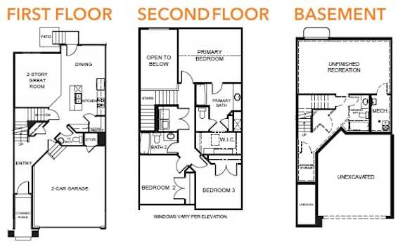 A diagram shows the layout of the first floor, second floor, and basement of a building.