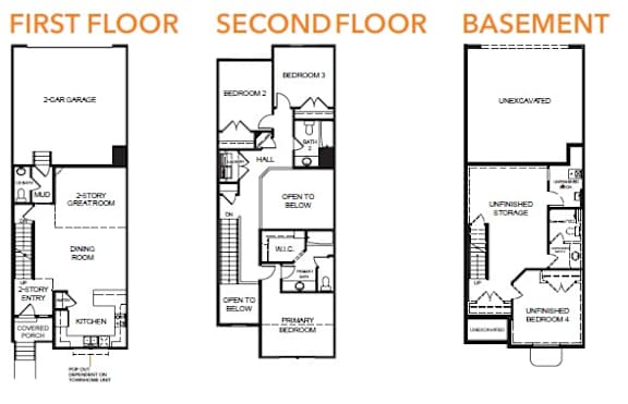 A diagram shows the layout of the first, second, and basement floors of a house.