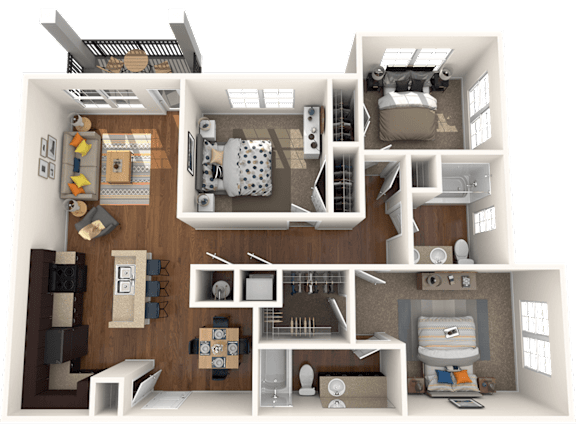 A 3D floor plan of a house showing a kitchen, living room, and bedrooms.