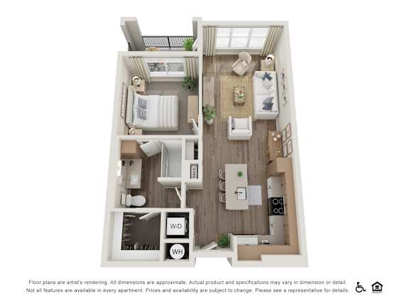 A floor plan of a small apartment with a kitchen, living room, and bedroom.