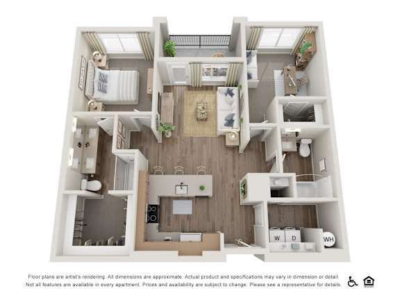 Floor Plan  A floor plan of a two-bedroom apartment with a living room, kitchen, and bathrooms.