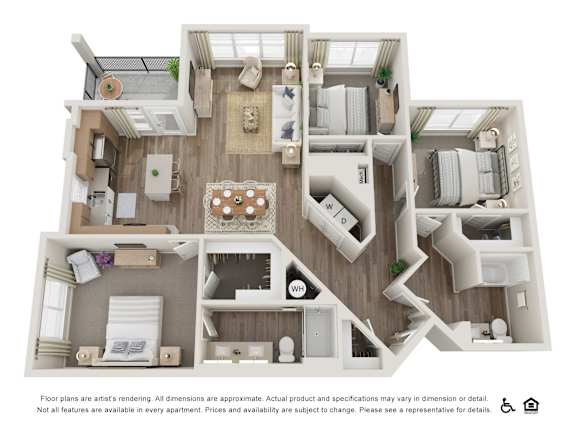 A 3D floor plan of an apartment with various rooms and furniture.