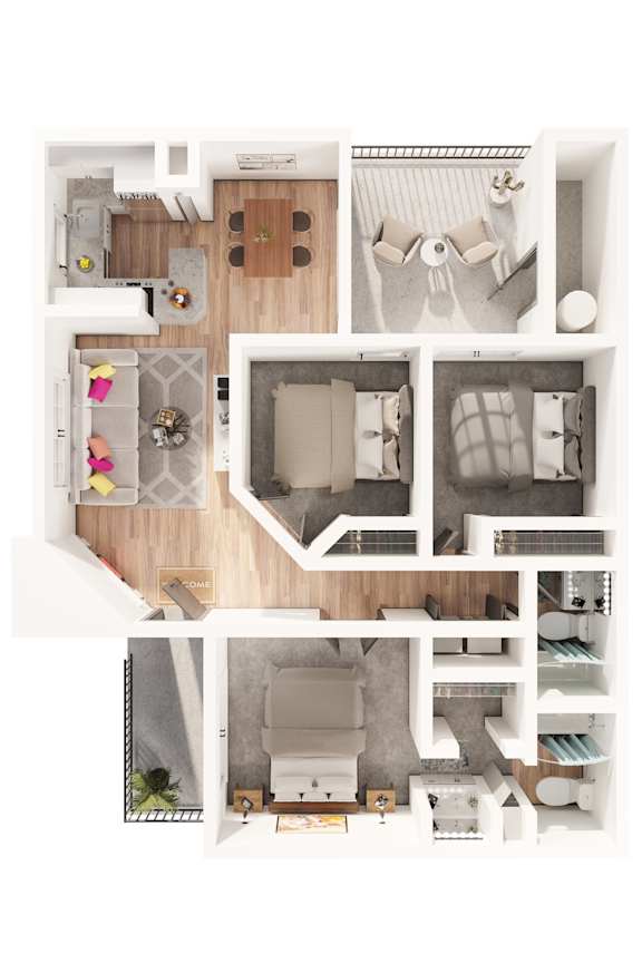 A top down view of a small apartment with a kitchen, living room, and bathroom.