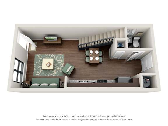 A 3D floor plan of a small apartment with a living room, kitchen, and bathroom.