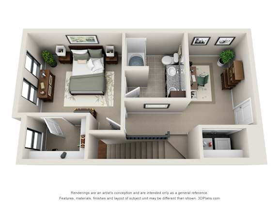 A 3D floor plan of a house with a kitchen, living room, and bathroom.