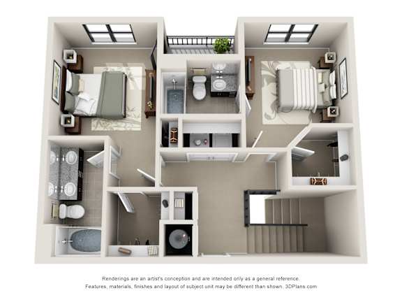 A 3D floor plan of a house with a kitchen, living room, and bathroom.
