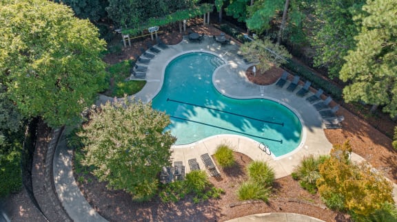 an aerial view of a swimming pool with trees and a courtyard