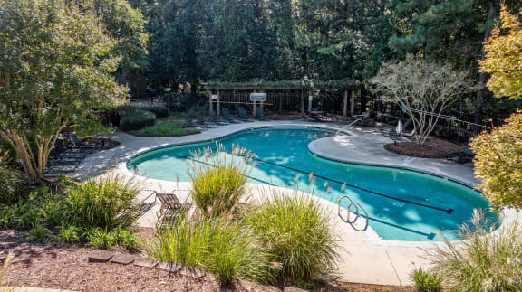 a swimming pool is surrounded by trees and plants