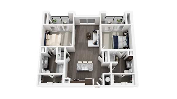 A white model of a house with a kitchen, living room, and two bedrooms.