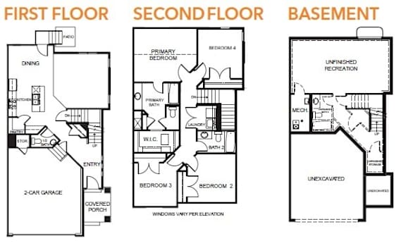 A diagram shows the layout of the first floor, second floor, and basement of a house.