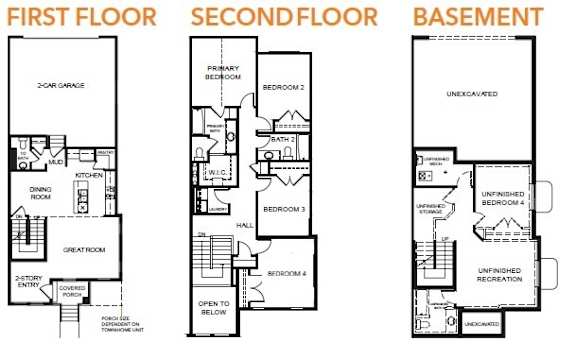 A floor plan of a house showing the first floor, second floor, and basement.