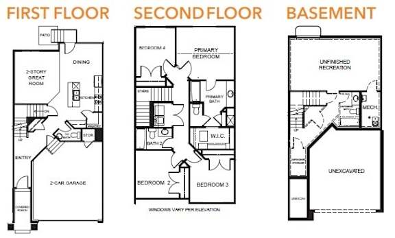 A set of three floor plans for a house showing the first floor, second floor and basement.