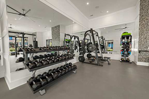 A gym with a variety of equipment including dumbbells, weight machines, and a treadmill.