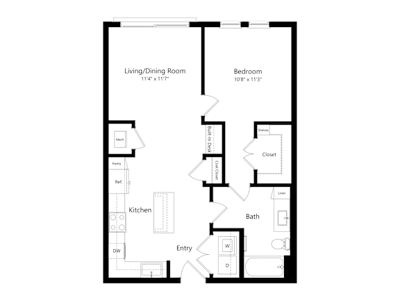 A floor plan of a small apartment with a living/dining room, kitchen, bath, and bedroom.