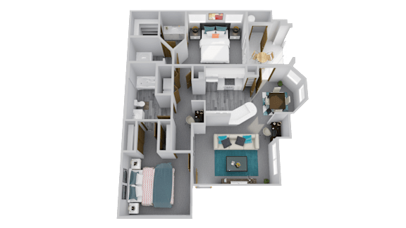 A 3D rendered image of a house layout.