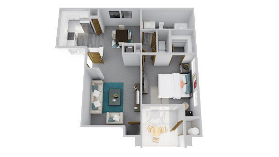 A 3D floor plan of a house with a kitchen, living room, and two bedrooms.
